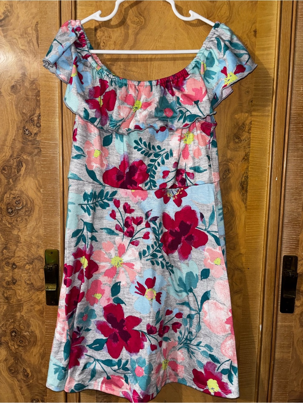 Girls' Off-Shoulder Floral Dress in Aqua and Fuchsia size Small 6/6X